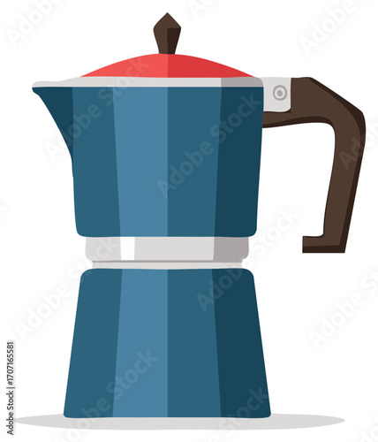 Blue Moka Pot Isolated: Italian Coffee Maker Flat Vector Illustration Style Icon