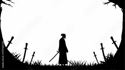 Silhouette of a samurai standing with swords in a field surrounded by trees in black and white theme