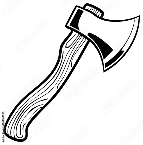 Monochrome Illustration of an Axe with Wooden Handle and Sharp Metal Head
