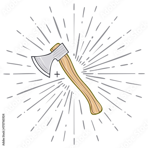 Retro style axe illustration with sunburst design element. Outdoor adventure concept.