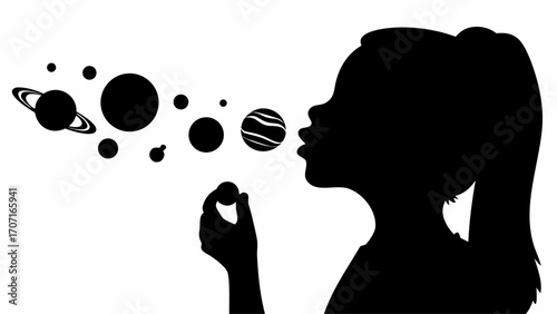 Silhouette of a girl blowing planets with rings and other celestial bodies in a black and white design