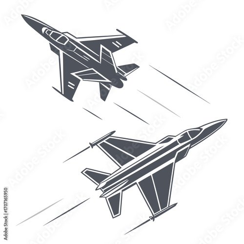 Vector art of two monochrome jet fighter planes with contrails airshow design with military aircrafts for print or poster around 190 characters