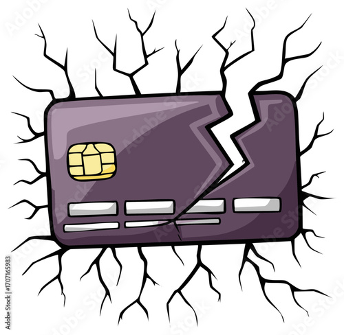 Cracked Credit Card Cartoon Concept  Broken  Financial Crisis Banking Debt