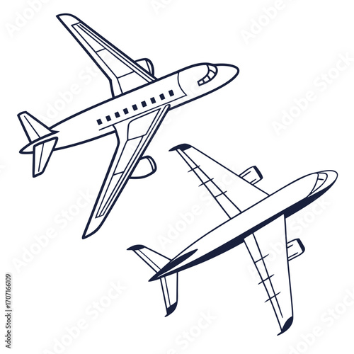 Illustration of two commercial airplanes in flight, the aircraft are depicted with clean lines and a simple design, making it suitable for various creative projects