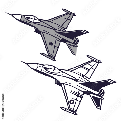 Vector art of two fighter jets in dynamic flight, one in full color and the other in black and white outline, the jets are depicted with sharp angles and aggressive lines, conveying speed