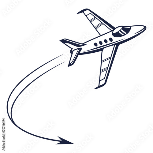 Illustration of a private jet taking off, leaving a curved trail behind it, a sleek and luxurious image of modern air travel