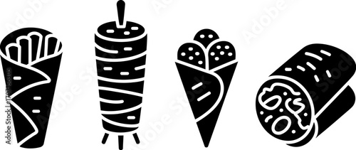 Street food icons featuring shawarma, gyro, and burrito