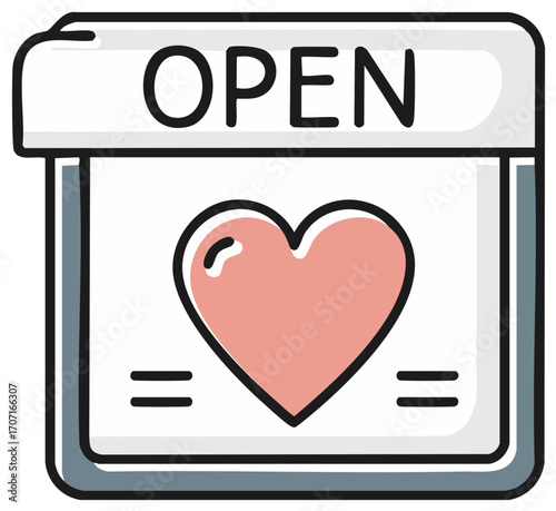 Illustration of an Open Sign Featuring a Heart Symbol, Love Concept, and Positive Message