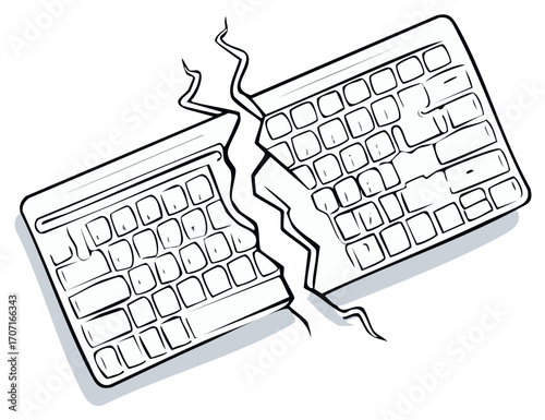Damaged computer keyboard split apart by a jagged crack illustration