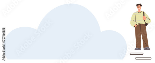 Young man standing near large cloud shape, symbolizing data storage, digital technology, and online services. Ideal for IT, education, innovation, connectivity, teamwork simplicity future concepts