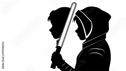 Silhouette of hooded figure holding lightsaber with another silhouette in the background in black and white