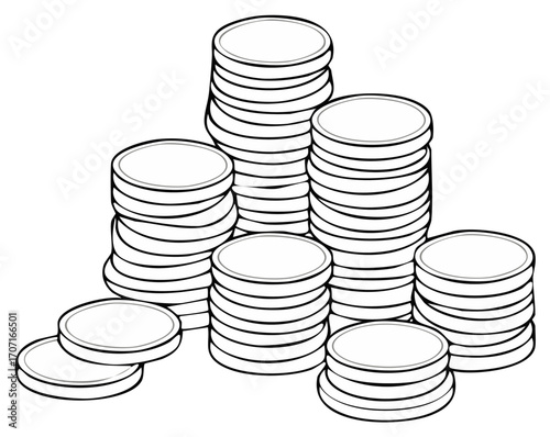 Stacks of Coins Illustration in Black and White, Symbolizing Wealth