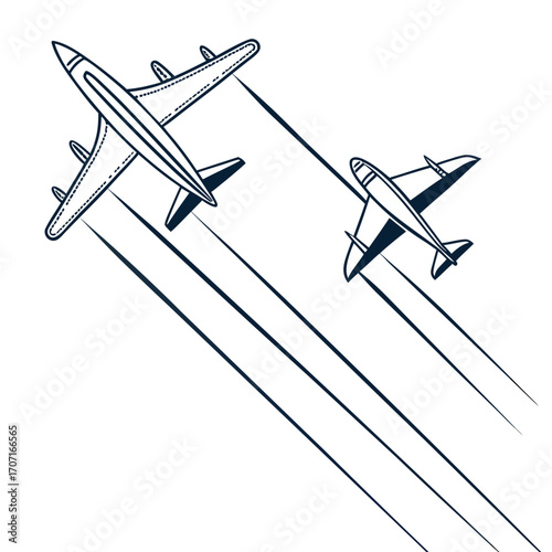Vector art of two airplanes soaring through the sky, leaving trails behind, a captivating display of aviation and the wonders of flight