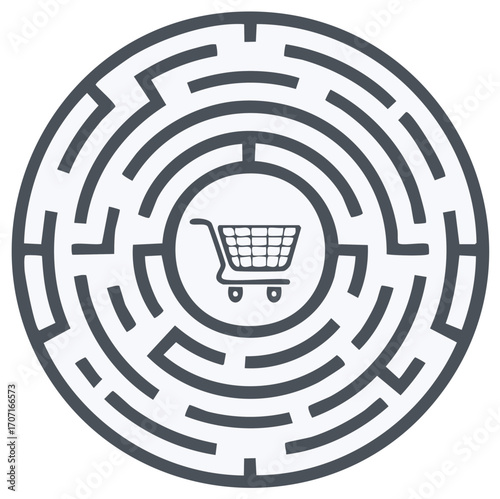 Shopping cart in a maze concept business solution finding.