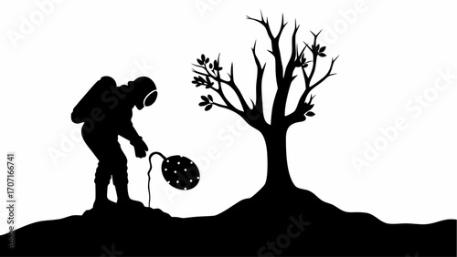 Silhouette of astronaut with equipment near tree with sparse leaves on a black and white background scene