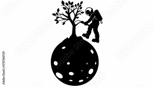 Silhouette of astronaut tending to a tree on a moon like sphere in a minimalist black and white design
