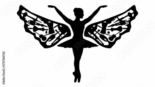 Silhouette of a ballerina with butterfly wings filled with musical instruments in black and white style