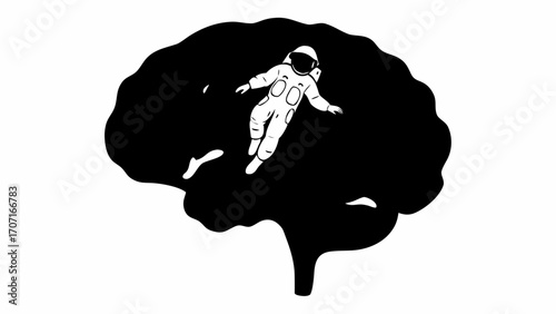 Astronaut floating inside a brain silhouette in black and white simple graphic illustration style image