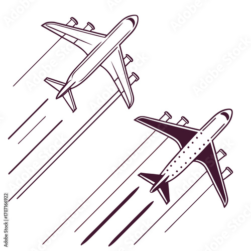 Vector art of two airplanes flying in formation, with contrails behind them, the planes are drawn in a simple, minimalist style, with clean lines and a limited color palette