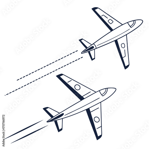 Vector art of two fighter jets in dynamic flight, leaving dashed trails behind, a bold illustration of military aviation and highspeed aerial maneuvers in the sky