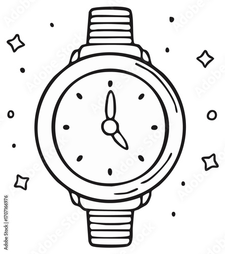 Hand drawn illustration of a wrist watch with stars and dots.  Simple, elegant design.