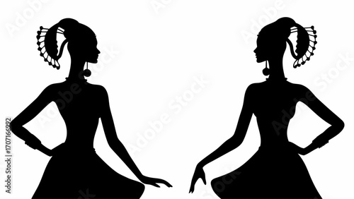 Two stylized female silhouettes with elaborate hair ornaments and jewelry in a mirrored arrangement
