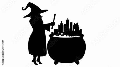 Silhouette of a witch stirring a cauldron with a city skyline emerging from the bubbling liquid inside