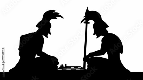 Silhouette of two figures with helmets playing chess on a checkered board with pieces visible