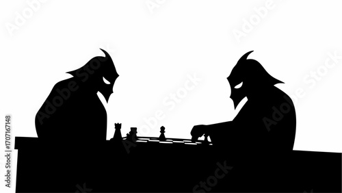Two shadowed figures with horned heads play chess on a checkered board in a stark black and white scene