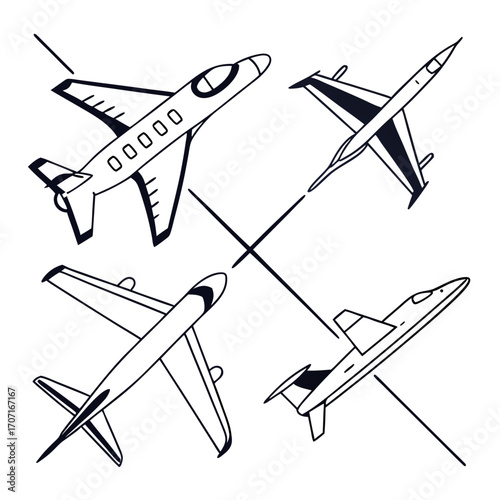 Vector art of four different types of airplane in a square formation a jet, a fighter plane, a propeller plane and a private jet are shown in a simple line drawing