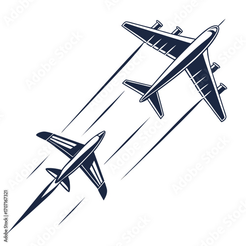 Vector art of two airplanes flying in formation, leaving contrails behind them, one is a large passenger plane, while the other is a smaller fighter jet, creating a dynamic contrast