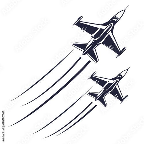 Vector art of two fighter jets flying in formation, leaving contrails behind them, the planes are similar in design, suggesting a coordinated aerial maneuver