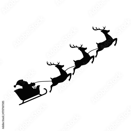  Christmas greeting card with Santa sleigh and three reindeer white silhouette on red background vector Santa Claus with sleigh  