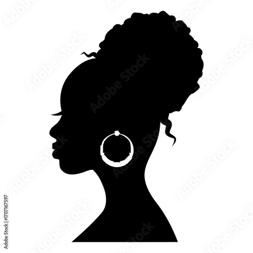Stylish Black Woman Silhouette with Natural Hair Updo and Hoop Earrings, silhouette of a woman with afro hair style.