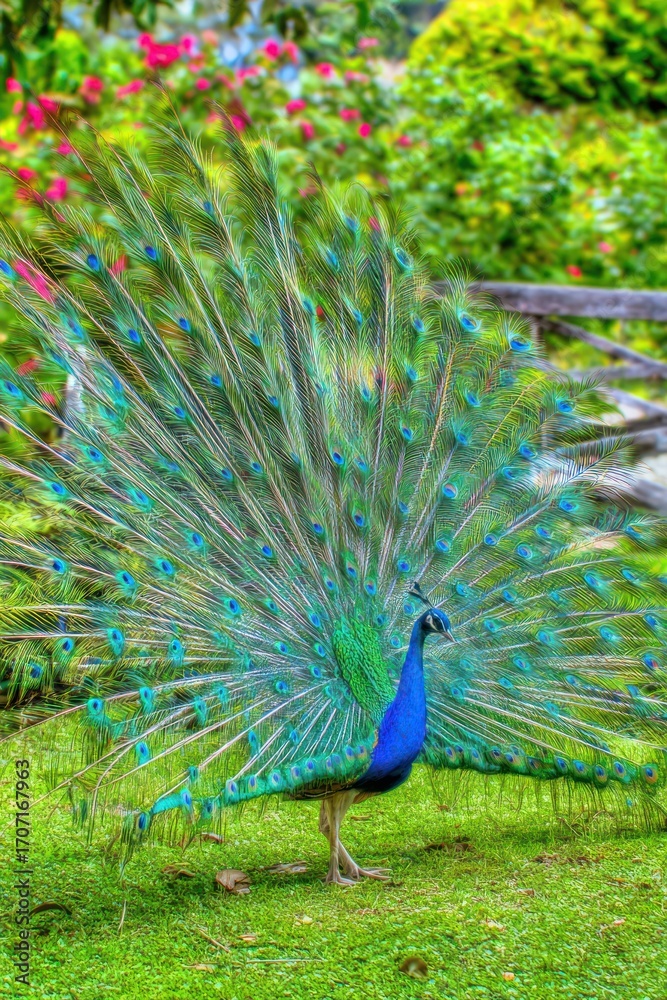 Obraz premium Peacock displaying colorful tail feathers