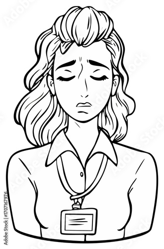 Outlined Illustration of a Woman with a Worried Expression Wearing a Badge or ID Card, Depressed, Sad