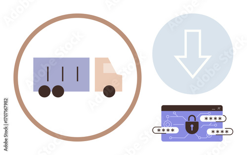 Delivery truck inside circle, downward arrow, locked browser with passwords. Ideal for shipping, cybersecurity, supply chain, digital protection, data transfer logistics technology. Simple flat