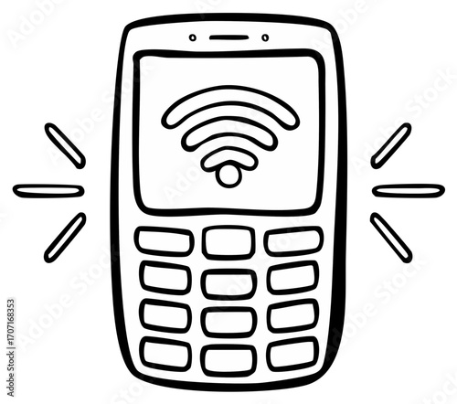 Cartoon Mobile Phone with WiFi Symbol and Buttons Hand-drawn Outline Style