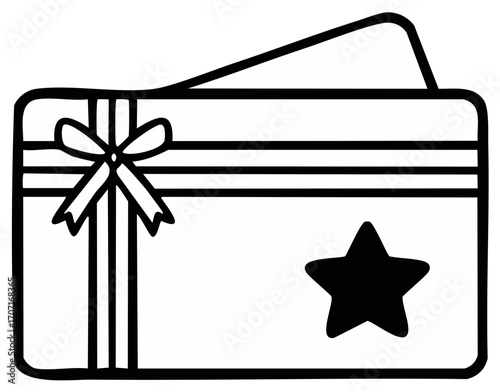 Hand drawn illustration of a gift card with a ribbon and a star symbol