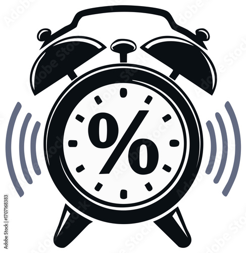 Ringing Alarm Clock Displays Percentage Sign Offering Time Sensitive Discount Deals and Promotions