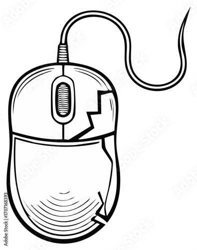 Cracked Computer Mouse Outline Vector Illustration, Broken Technology, Damaged Device, Office Supplies, Mouse Wire, Computer Equipment