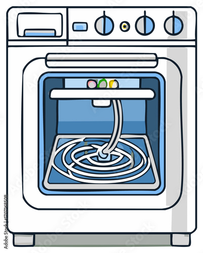 Cartoon style 3D Printer illustration with filament, digital design, model making, and prototypes