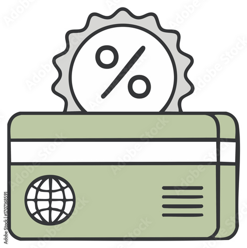 Credit card with percentage discount symbol icon showing special offer or financial promotion