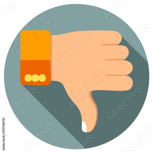 Icon of hand with thumb down, disapproval gesture in circle, flat design