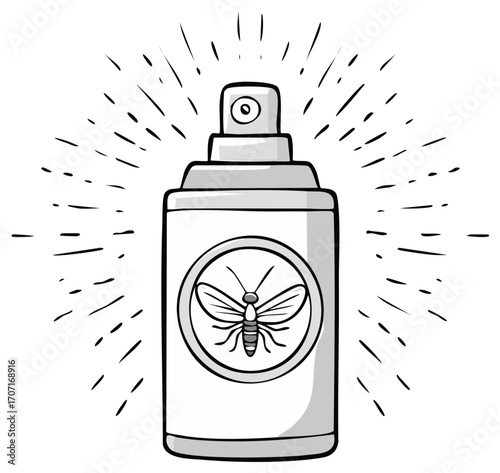 Hand Drawn Insect Repellent Spray Can Outline with Radiating Action Lines