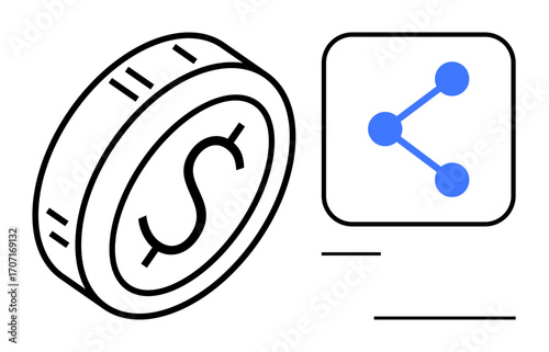 Coin with dollar sign and network sharing icon conveying financial technology, connectivity, and transactions. Ideal for fintech, payment systems, blockchain, investment, data sharing, digital