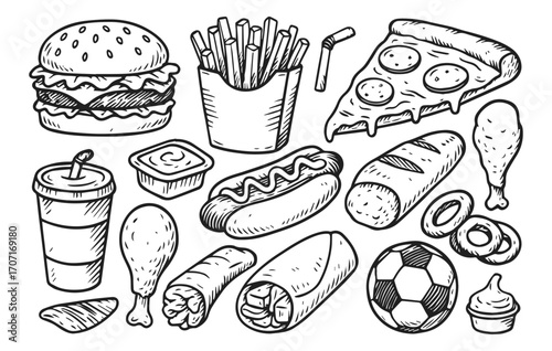 Fast food doodle collection burger pizza hotdog fries soda chicken isolated on transparent background, generative ai