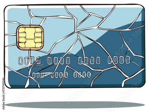 Cracked Blue Credit Card with Chip and Number Design