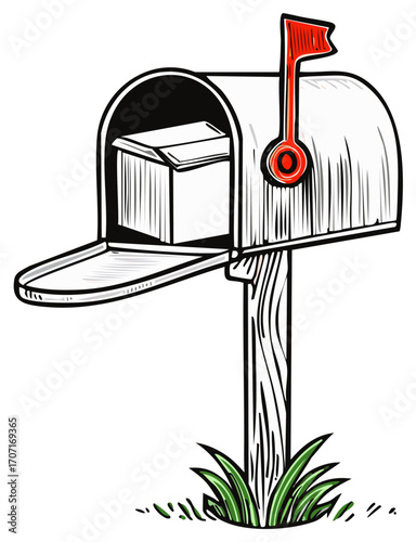 Vintage style mailbox with letters inside and flag up, isolated on white.
