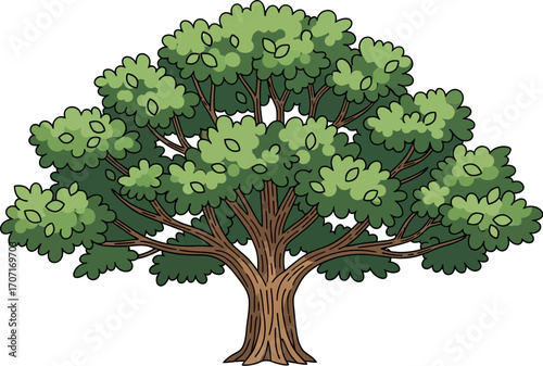 Vibrant green leafy tree with strong brown trunk, symbolizing nature's resilience and growth.